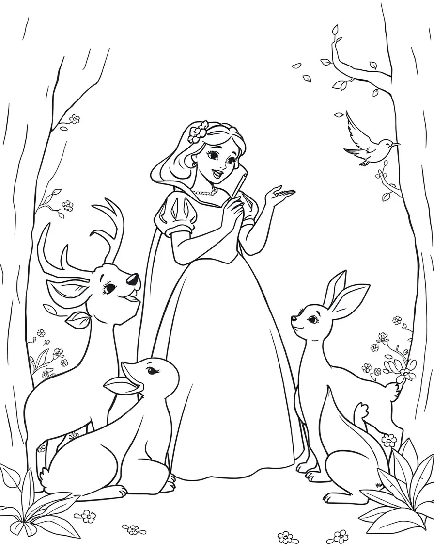 Snow White singing to a group of friendly forest animals, including deer, bunnies, and birds.