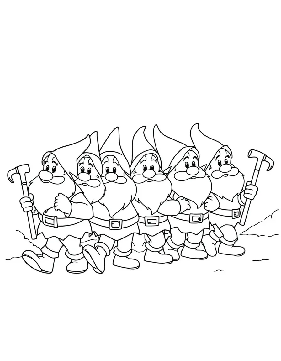 The Seven Dwarfs marching home from the mine, whistling and carrying pickaxes.