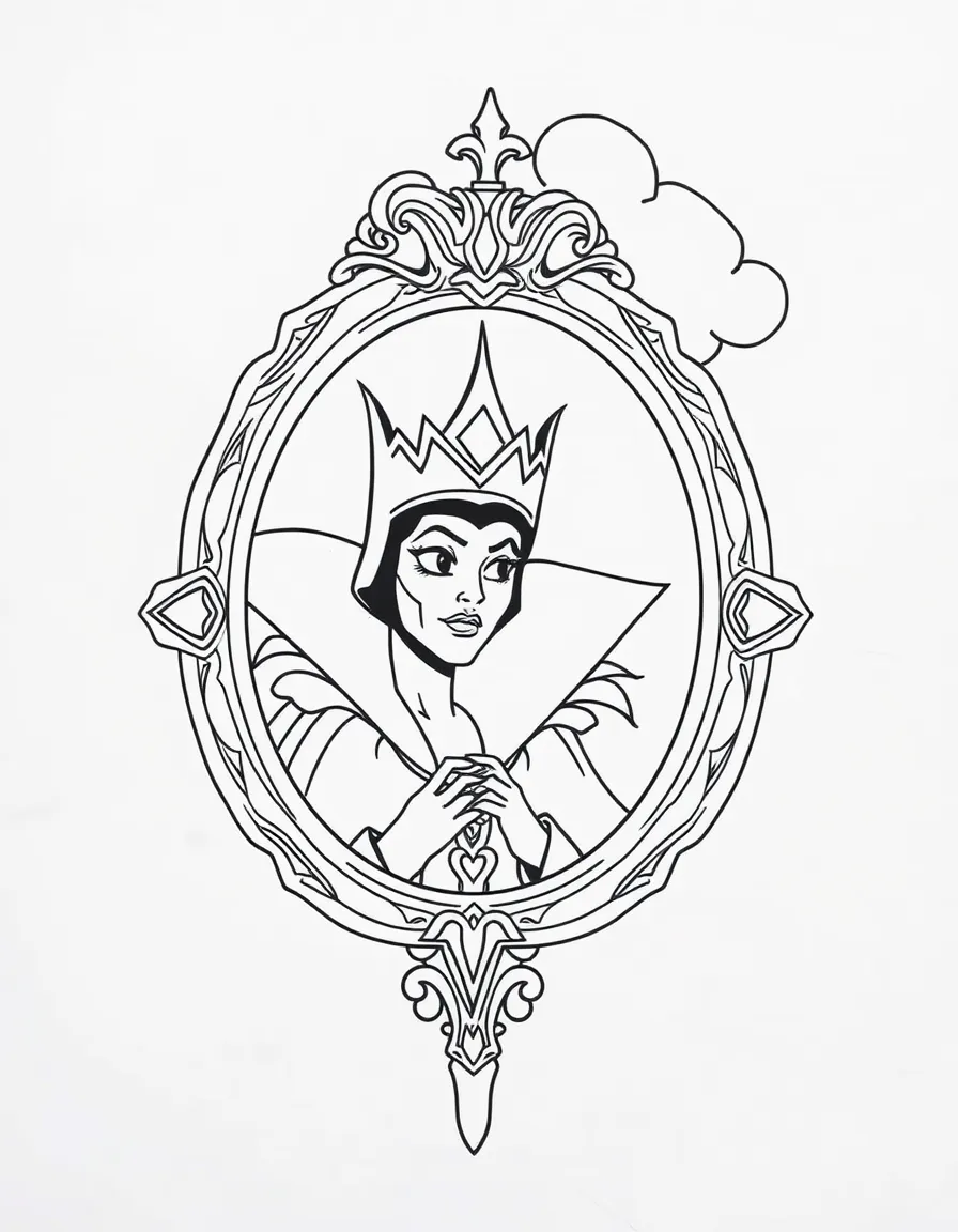 The Evil Queen looking in her magic mirror, with a dark cloud behind her.