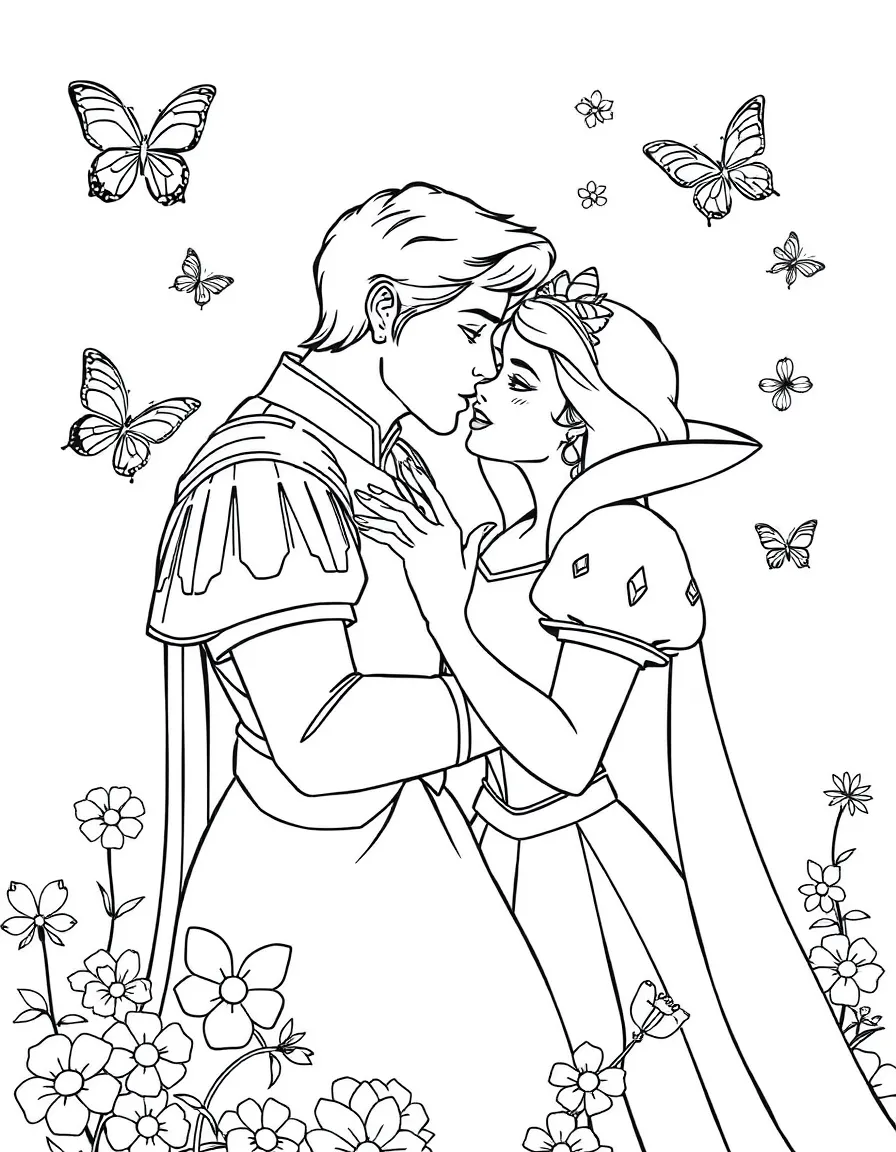 Prince Florian giving Snow White a kiss, with butterflies fluttering around them.