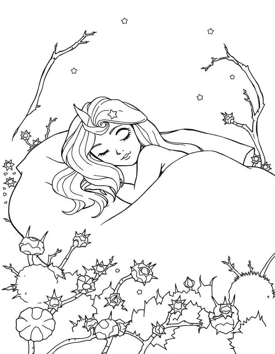 Aurora sleeping peacefully in her bed, surrounded by thorn bushes.