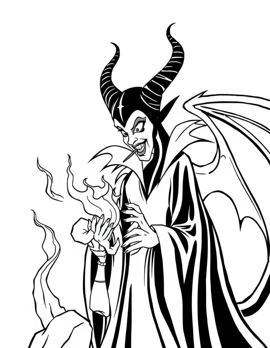 Maleficent as a dragon, breathing fire towards Prince Philip.