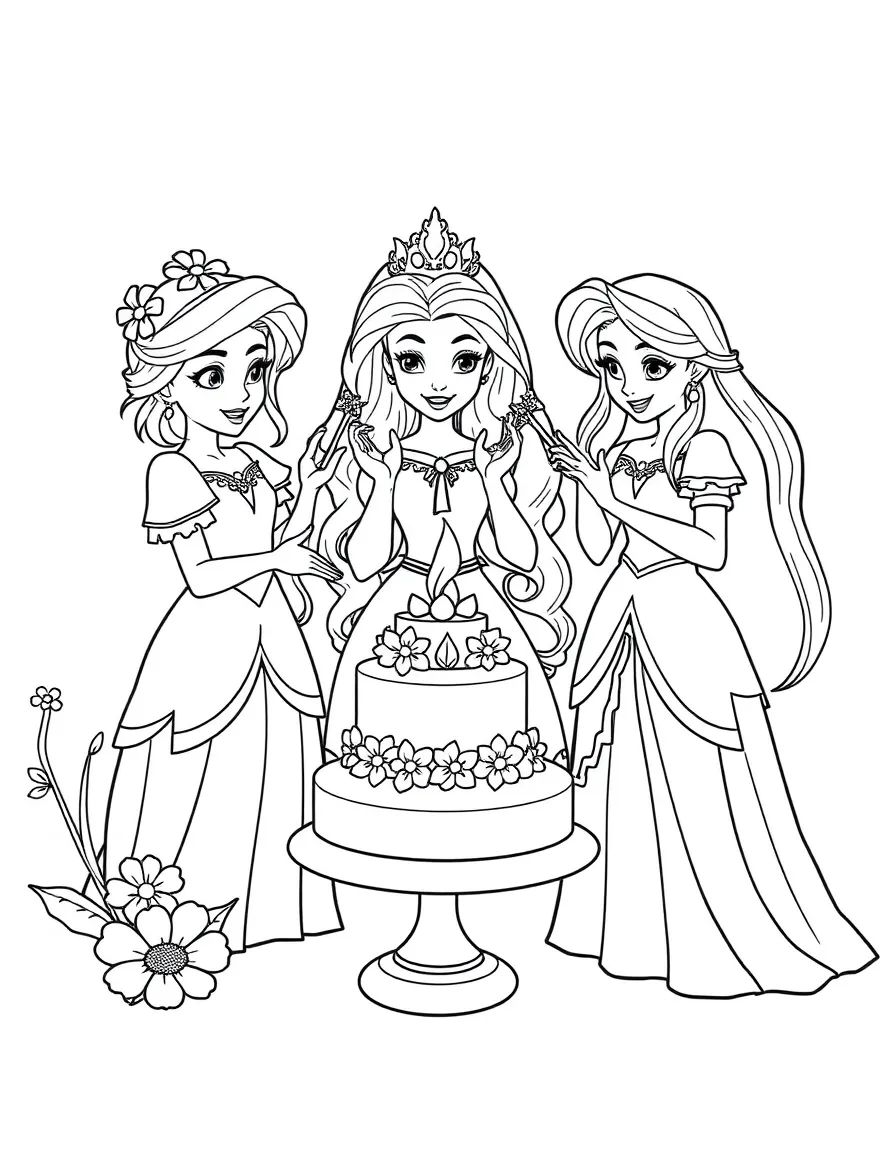 Flora, Fauna, and Merryweather using their wands to make a cake and a dress.