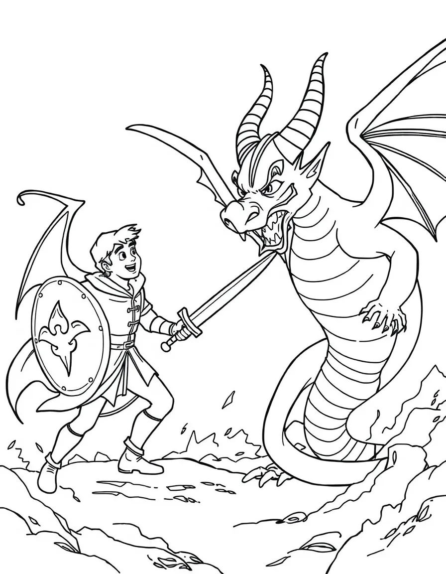 Prince Philip bravely fighting the dragon Maleficent with his sword and shield.