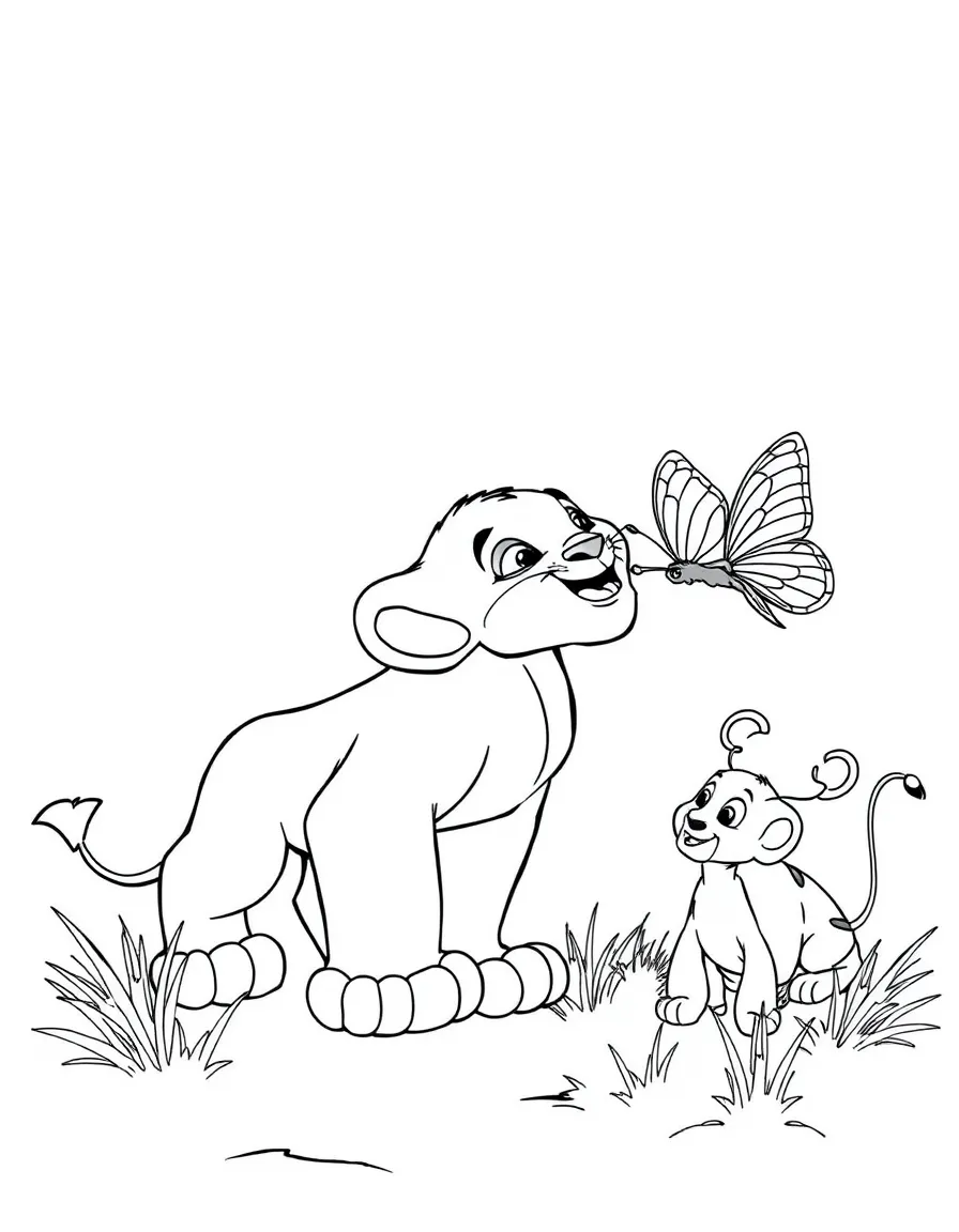 Simba as a cub, playfully pouncing on a butterfly, with Timon and Pumbaa watching.