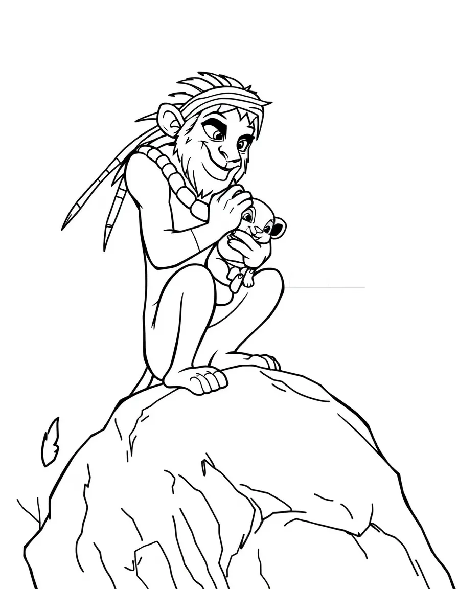 Rafiki holding up baby Simba on Pride Rock, with the sun rising.