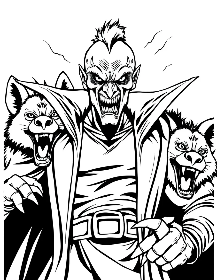 Scar looking sly and dangerous, with his hyena henchmen laughing behind him.