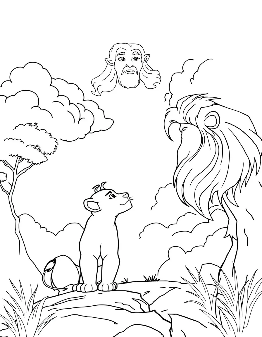 Mufasa's spirit appearing in the clouds, watching over Simba.