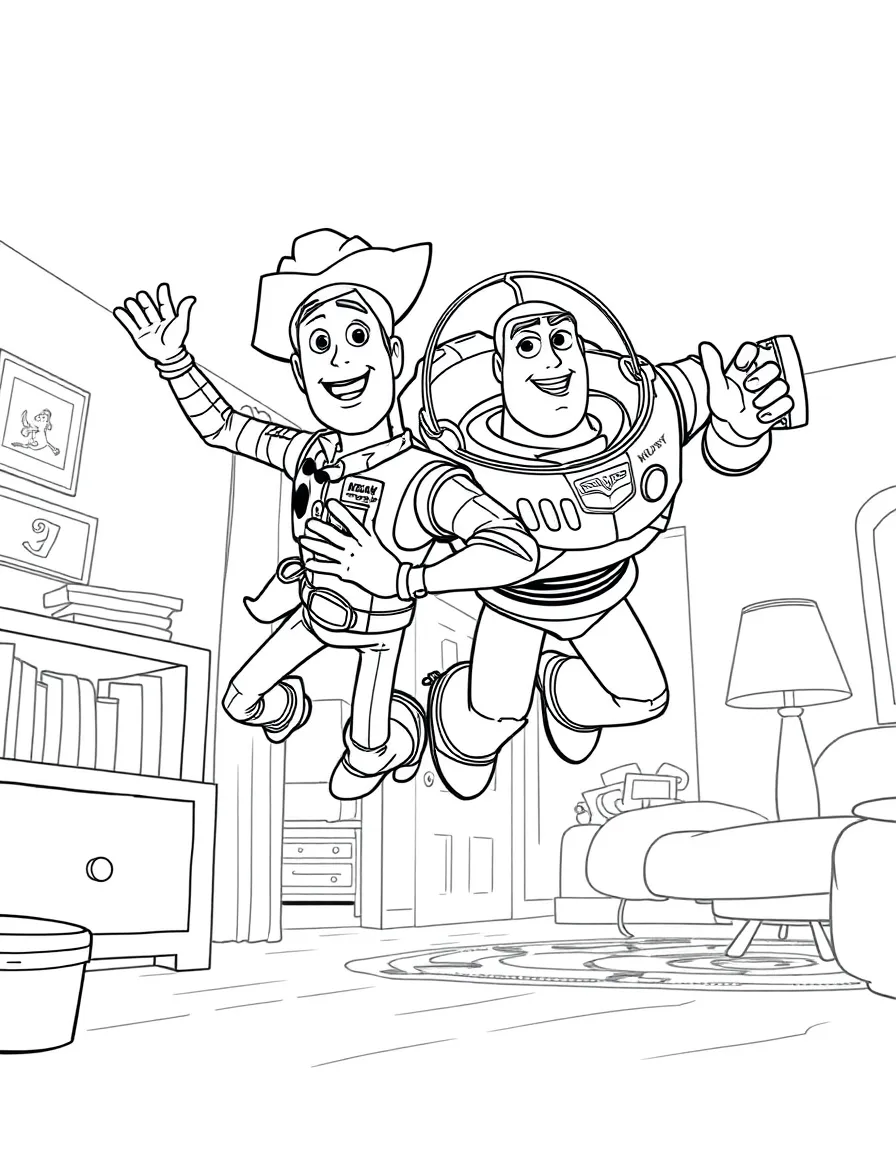 Woody and Buzz Lightyear flying through the air, with Andy's room in the background.