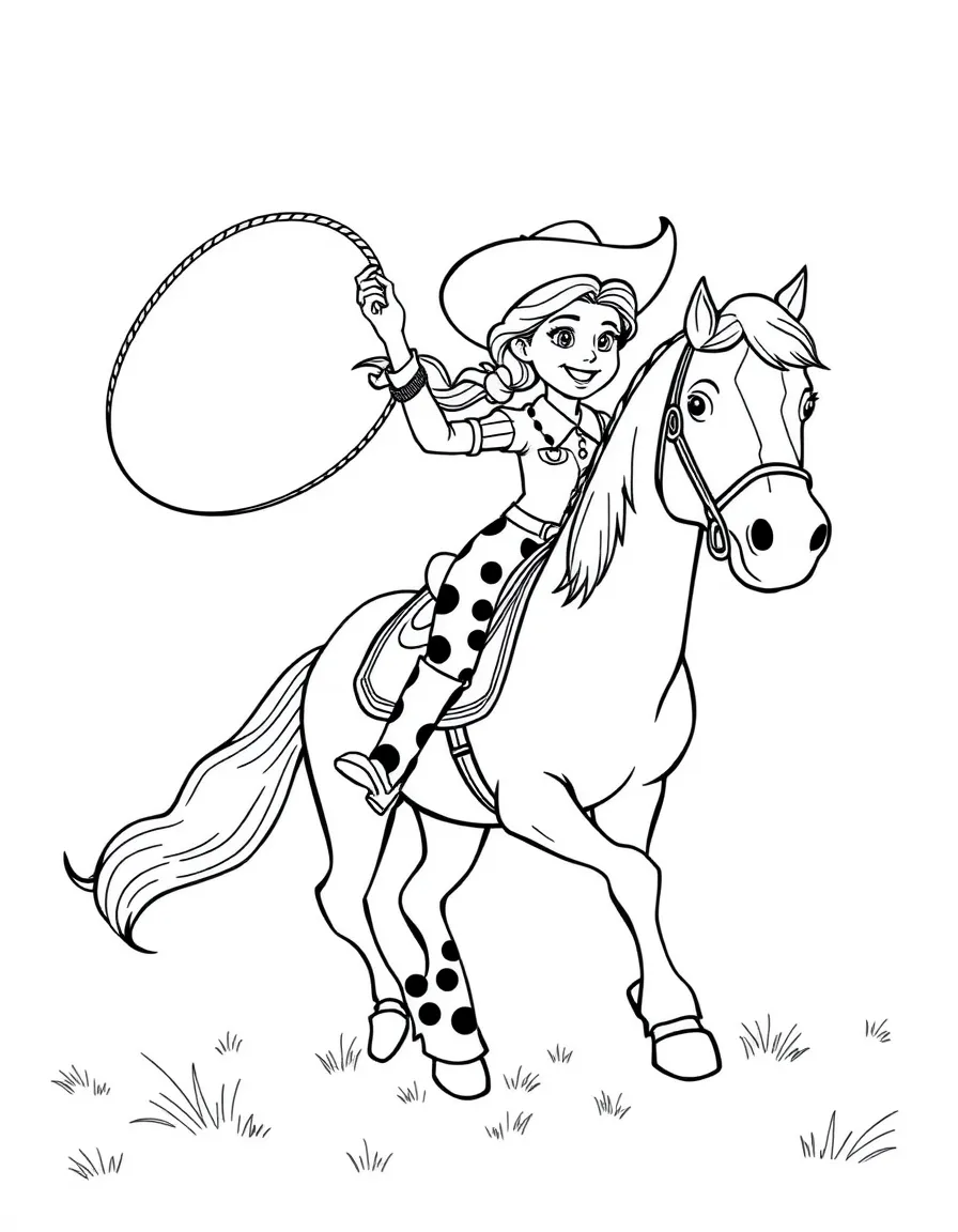 Jessie twirling her lasso, with Bullseye the horse neighing happily.