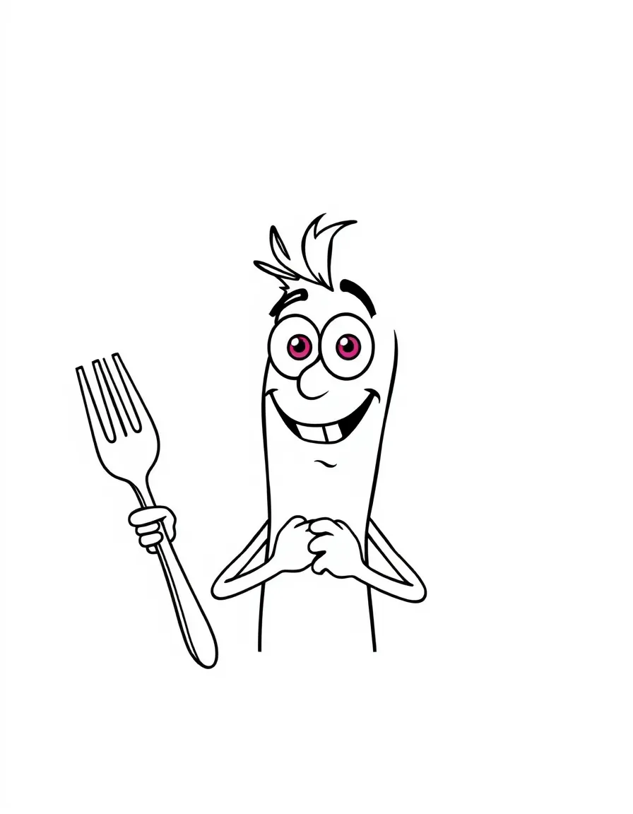 Forky looking confused but happy, holding a spork.
