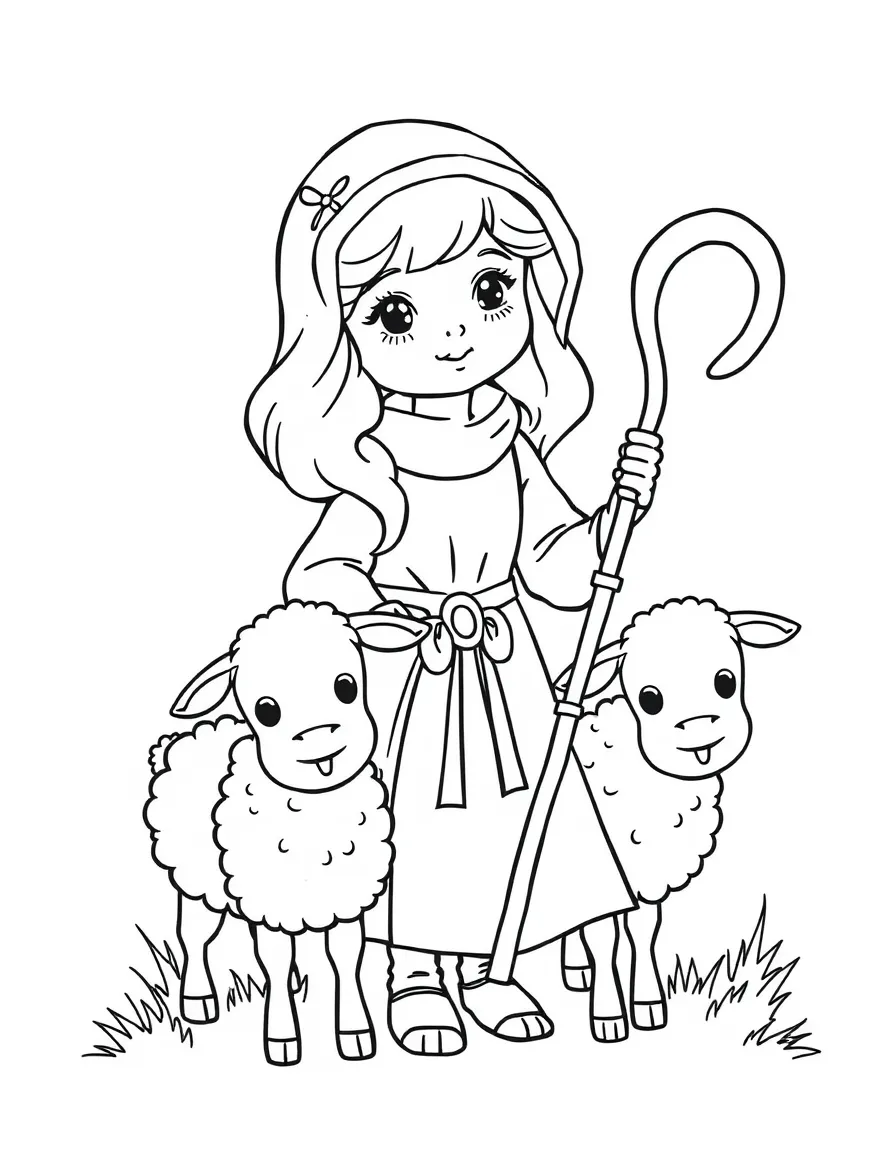 Bo Peep with her sheep, holding her shepherd's crook.