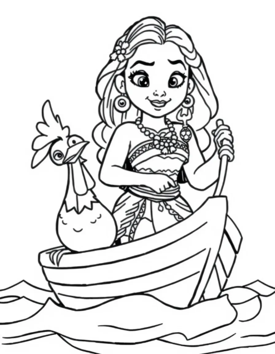 Moana sailing her boat, with Heihei the rooster looking seasick.