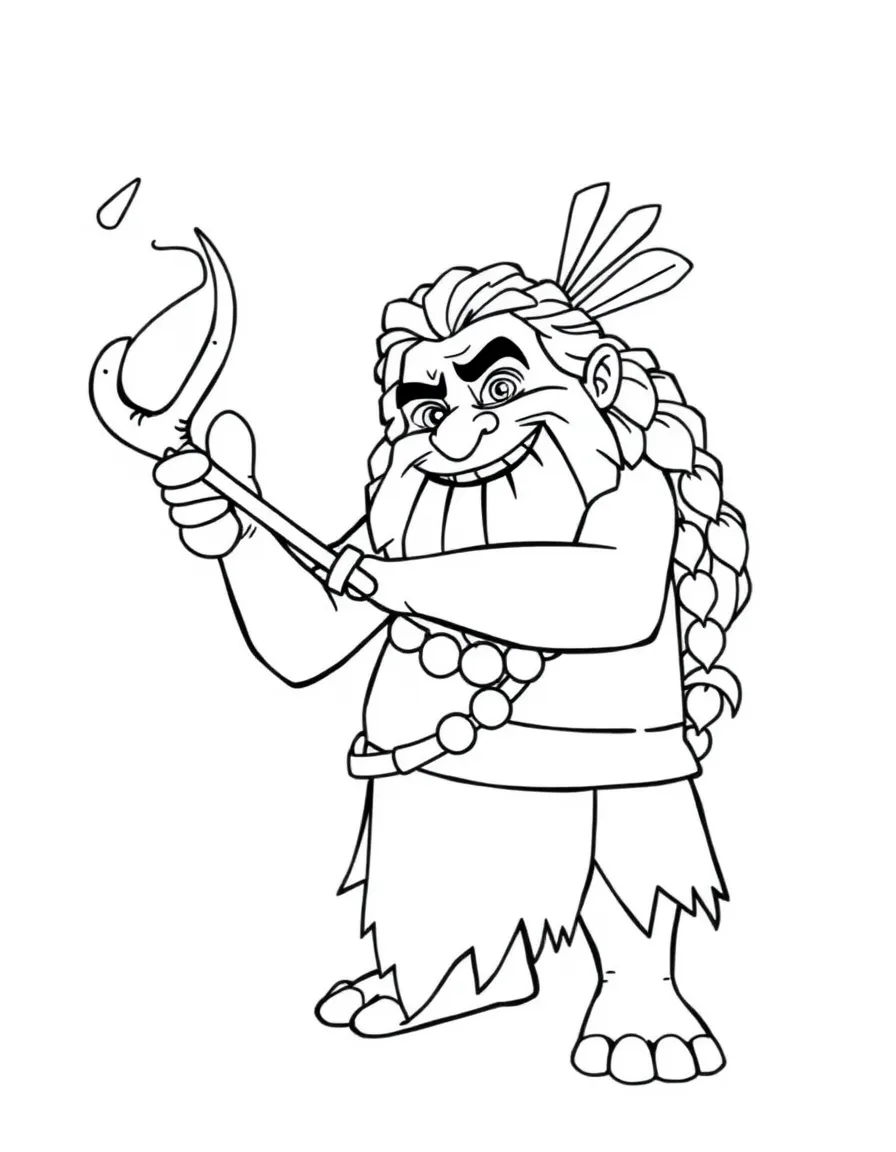 Maui using his magical fish hook, with a mischievous grin.