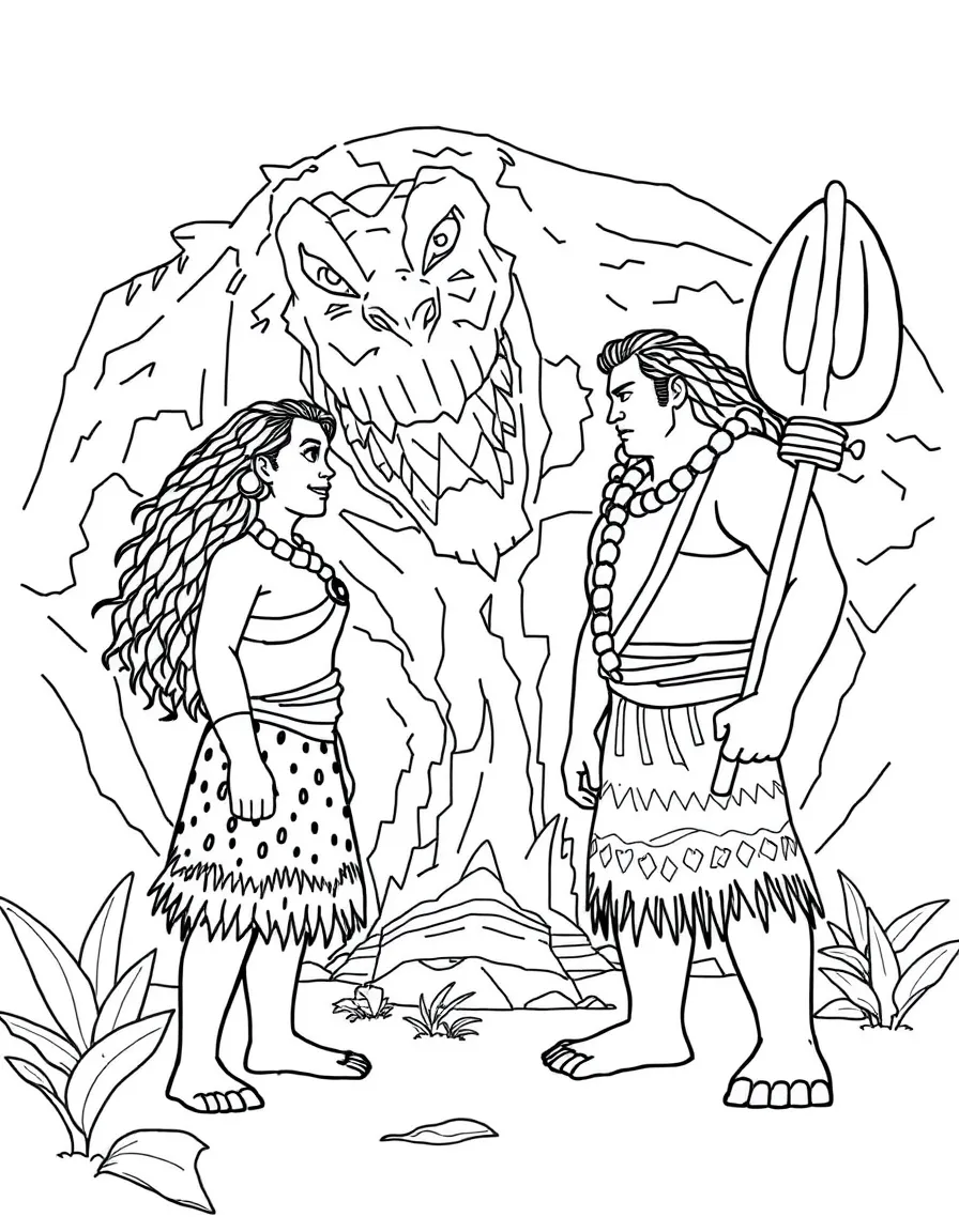 Moana and Maui facing off against the lava monster Te Ka.