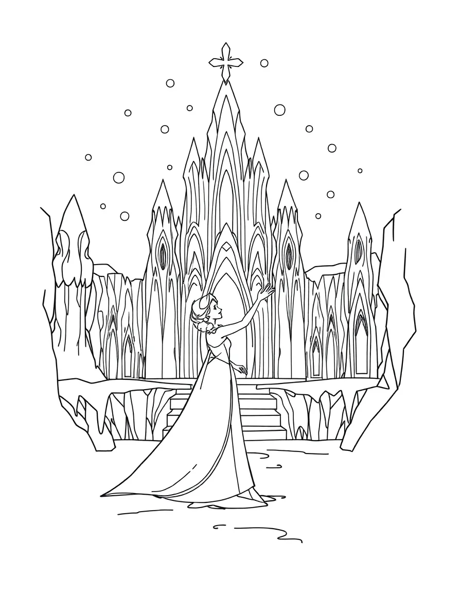 Elsa using her ice powers to create a beautiful ice palace, with snowflakes falling.
