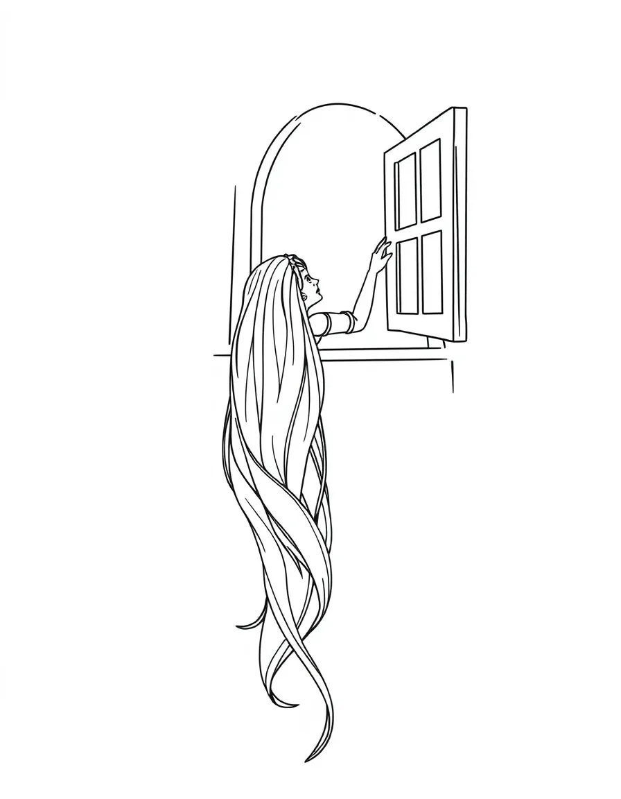 Rapunzel letting down her long, flowing hair from a tower window.