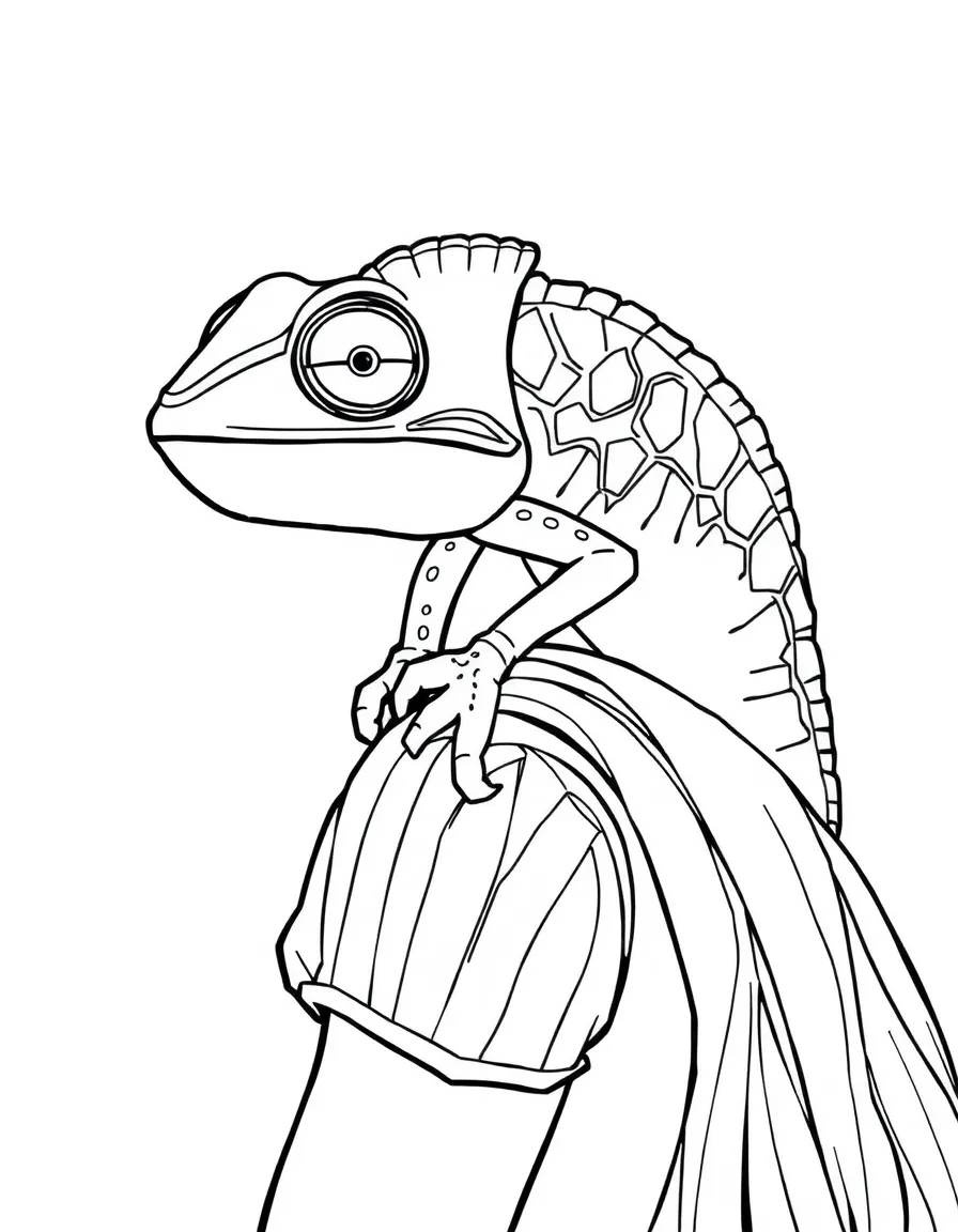 Pascal the chameleon camouflaged on Rapunzel's shoulder.