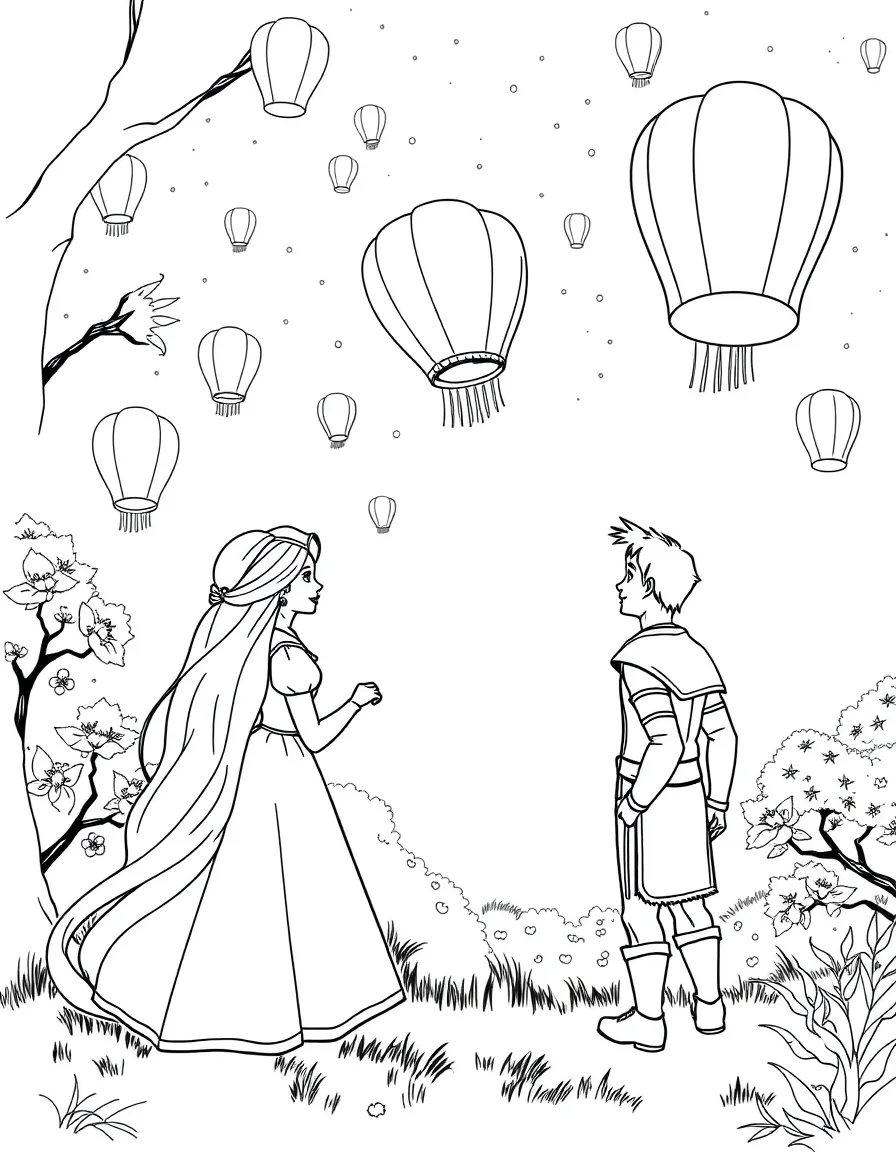 Rapunzel and Flynn Rider watching lanterns float into the night sky.