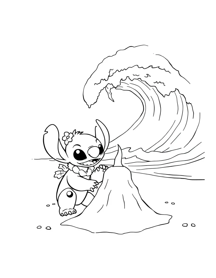 Lilo and Stitch building a sandcastle on the beach, with a big wave crashing.