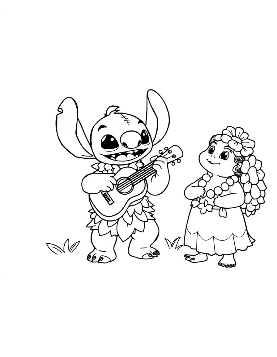 Stitch playing the ukulele and dancing hula, with Nani watching.