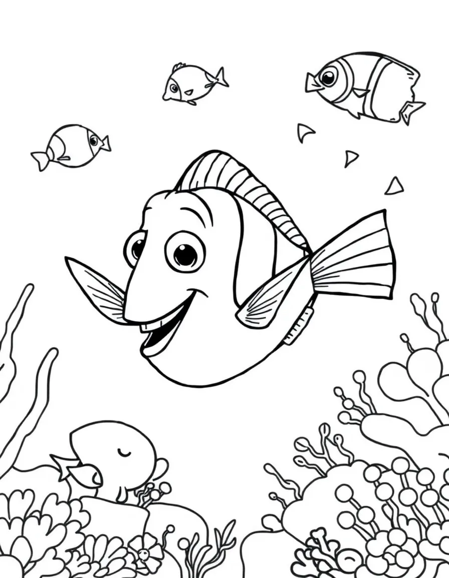 Nemo swimming happily with Dory, surrounded by colorful coral and fish.
