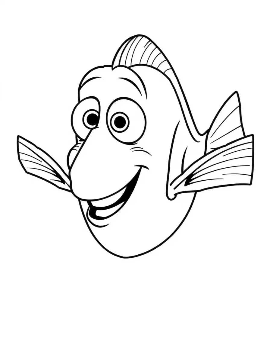 Dory looking forgetful but cheerful, with a big smile.