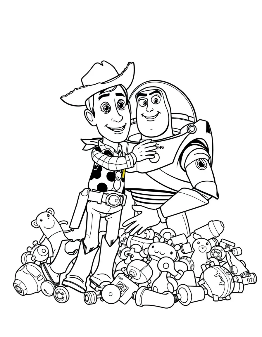 Woody and Buzz hugging, surrounded by a pile of toys.