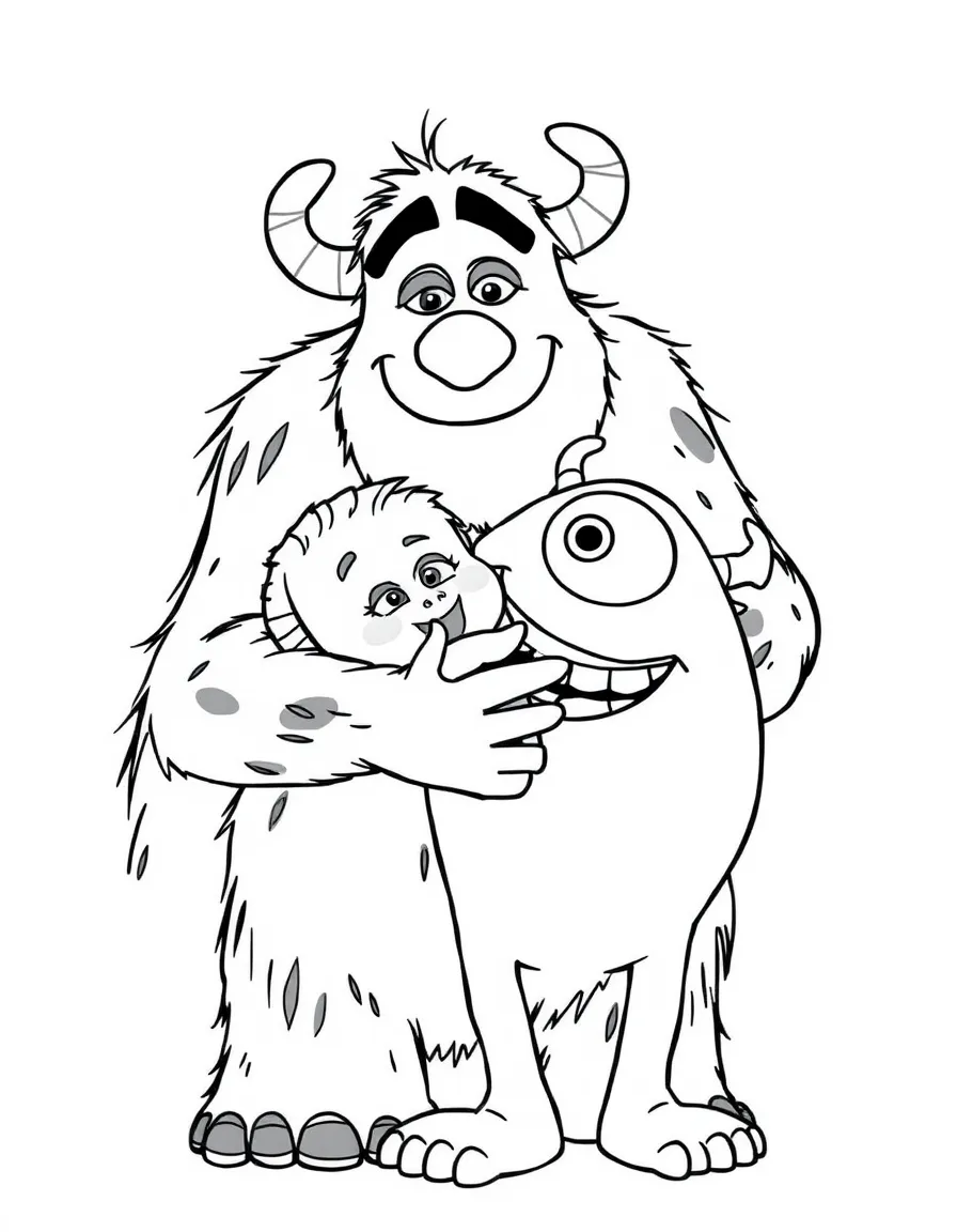 Sulley giving Boo a big hug, with Mike Wazowski smiling.