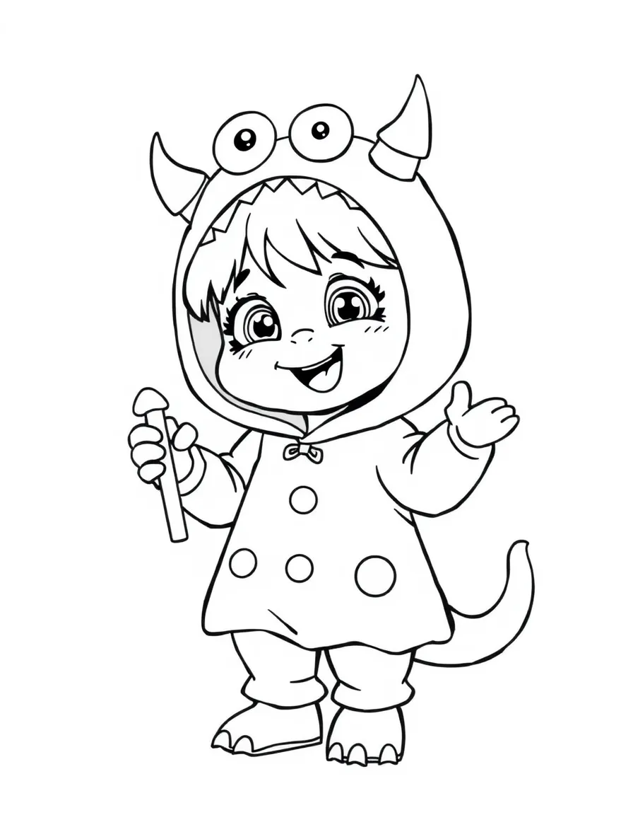 Boo in her monster costume, giggling and holding a toy.