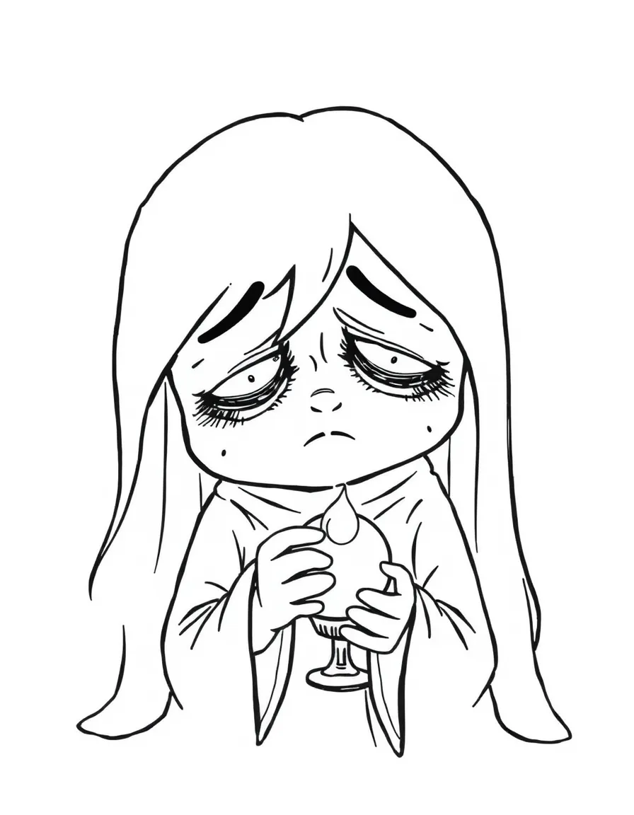 Sadness looking gloomy but kind, holding a memory orb.