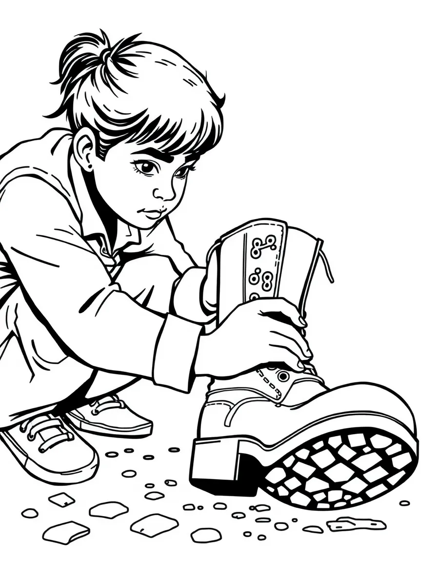 M-O cleaning a dirty boot, looking very focused.