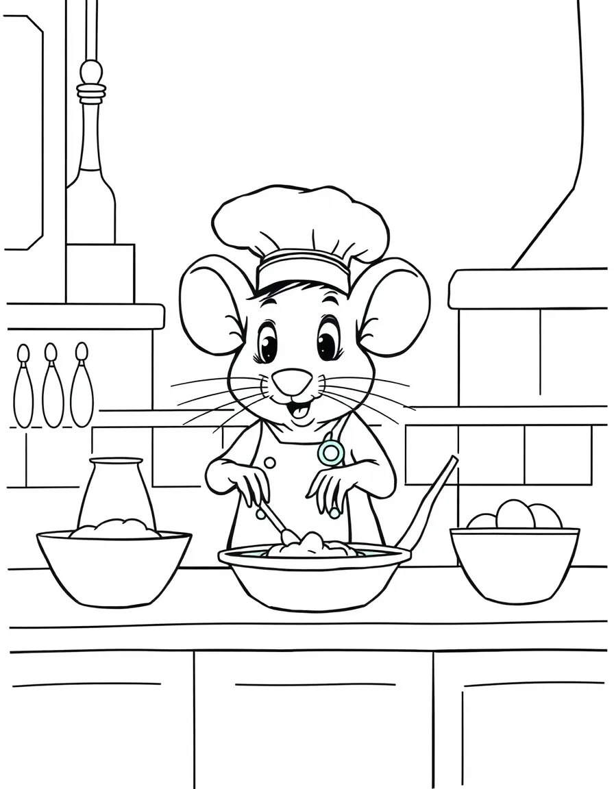 Remy the rat cooking in a fancy kitchen, with a tiny chef hat.