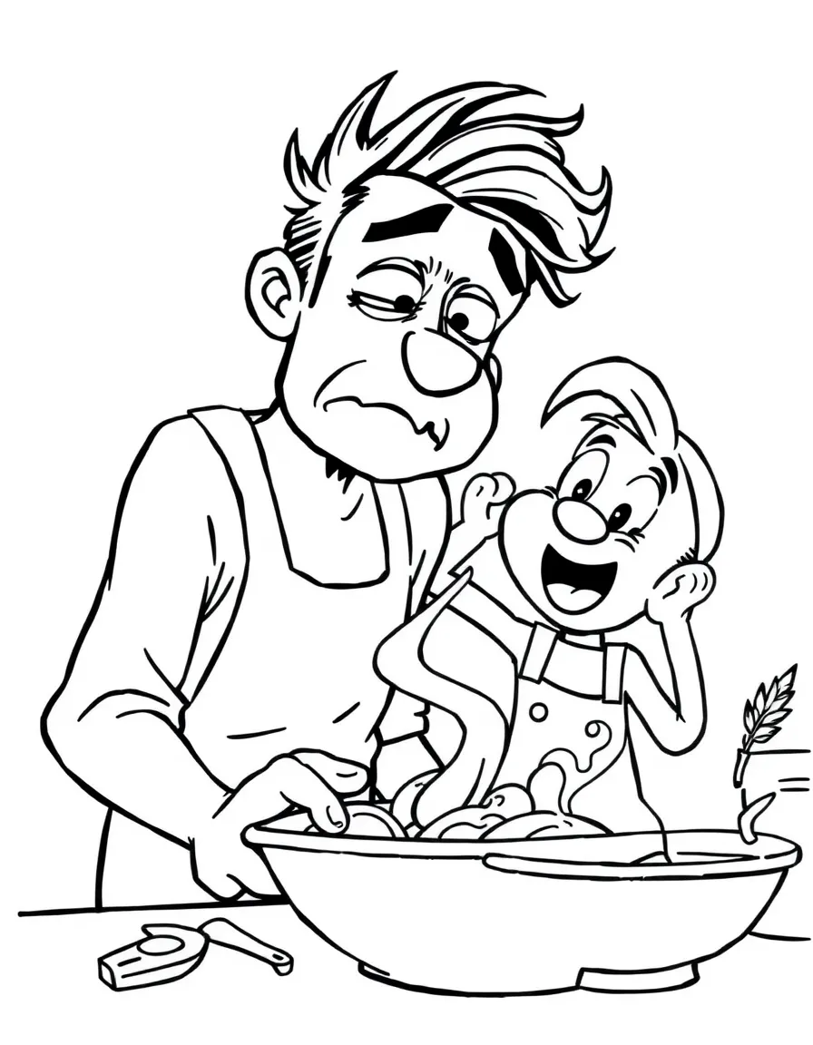 Linguini nervously trying to cook, with Remy pulling his hair.