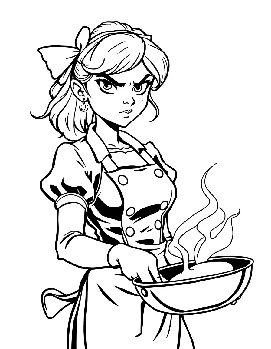 Colette looking fierce and determined, holding a cooking pan.