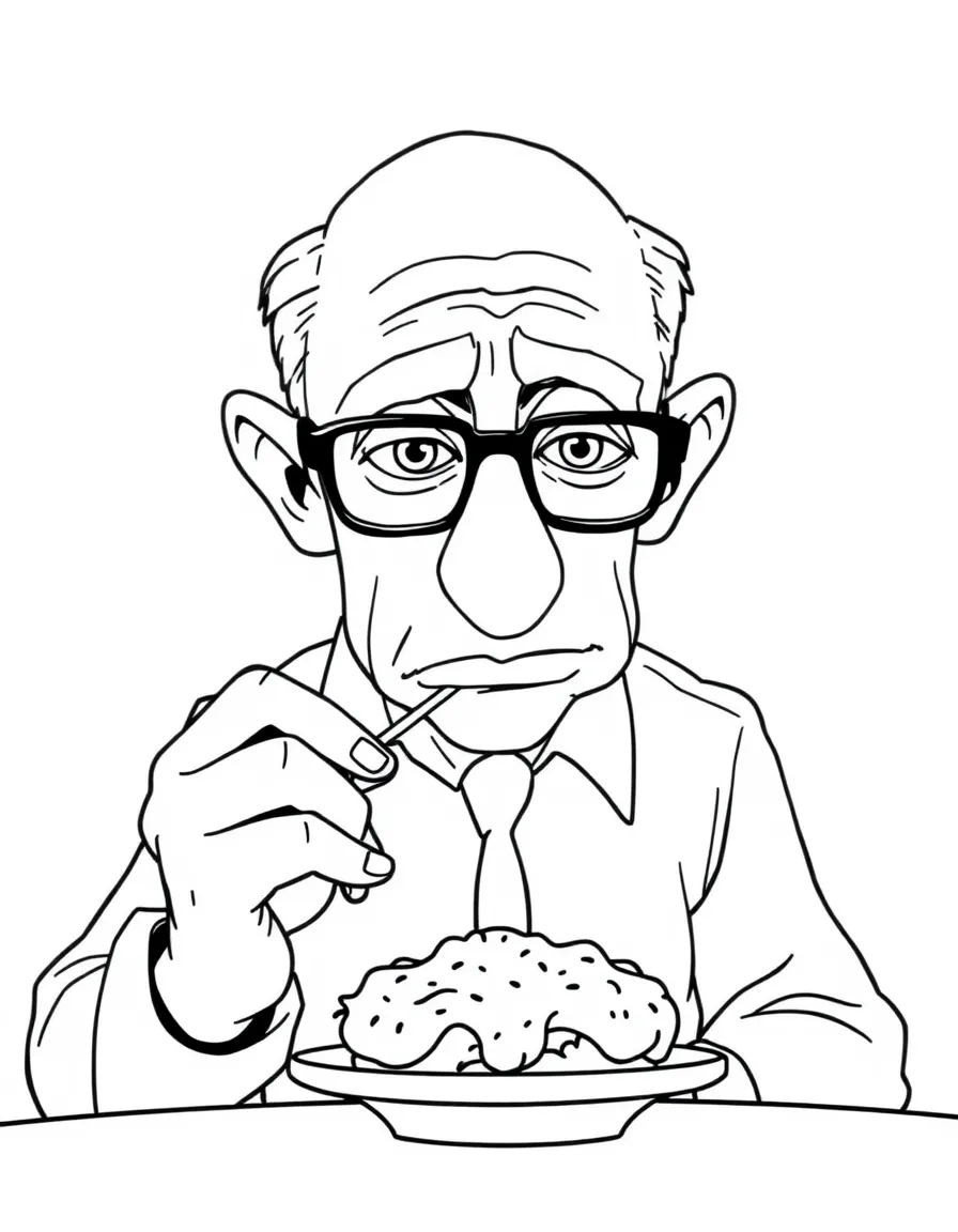 Anton Ego looking stoic and serious, tasting the ratatouille.