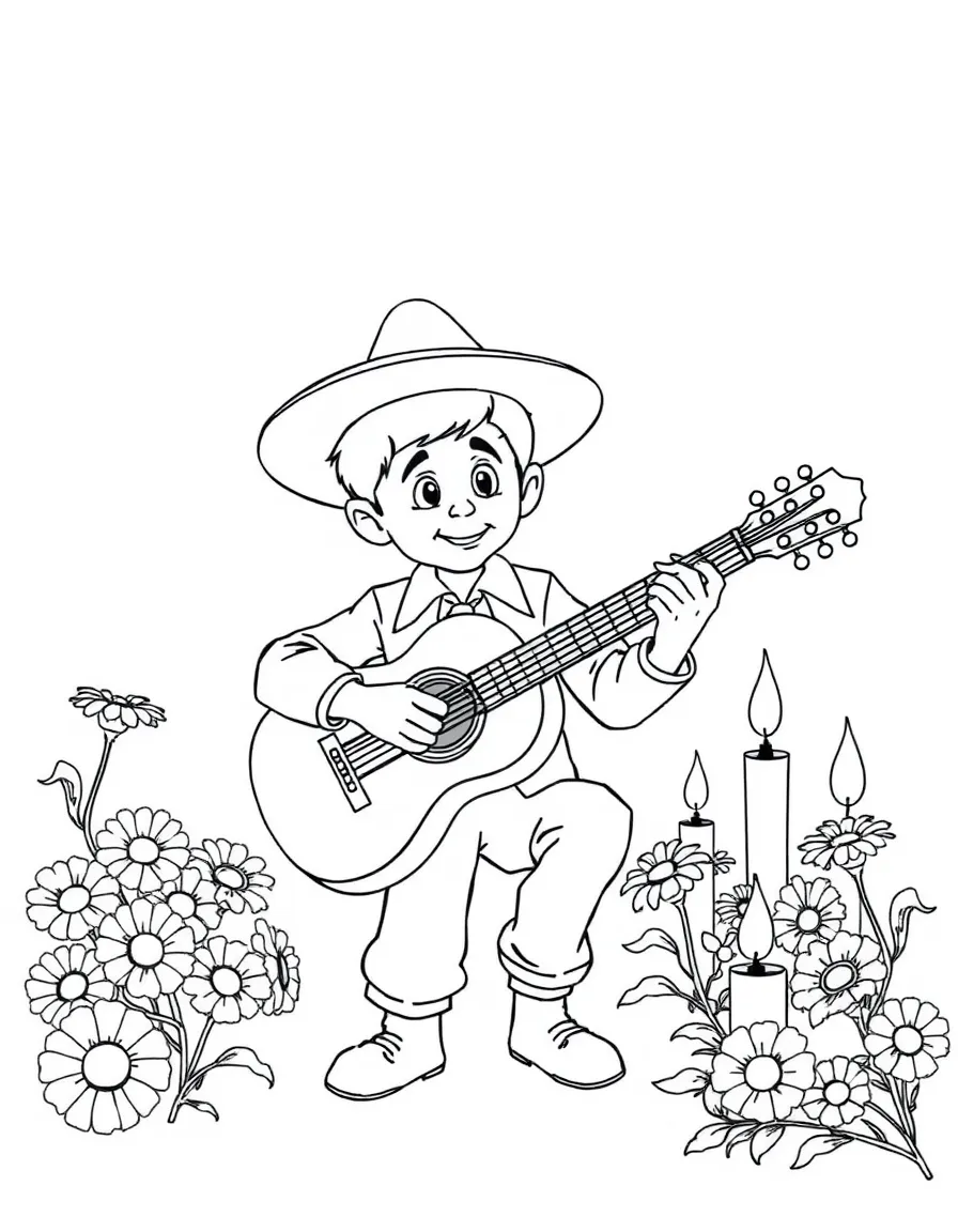 Miguel playing his guitar, surrounded by marigolds and candles.