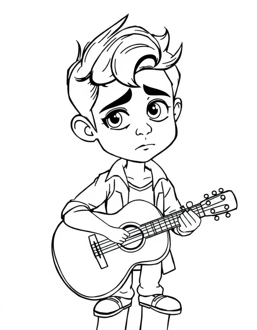 Héctor looking charming and a little bit sad, holding a guitar.