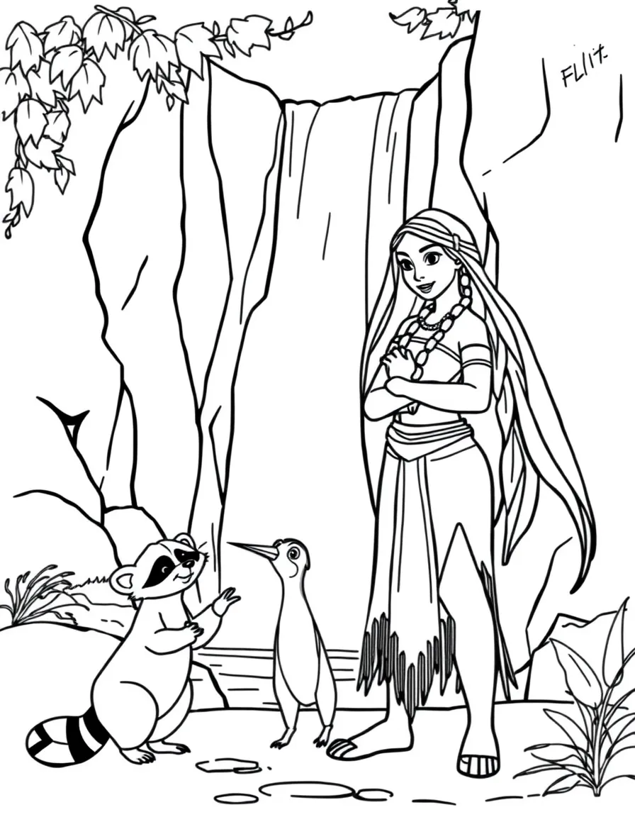 Pocahontas standing by a waterfall, with Meeko the raccoon and Flit the hummingbird.