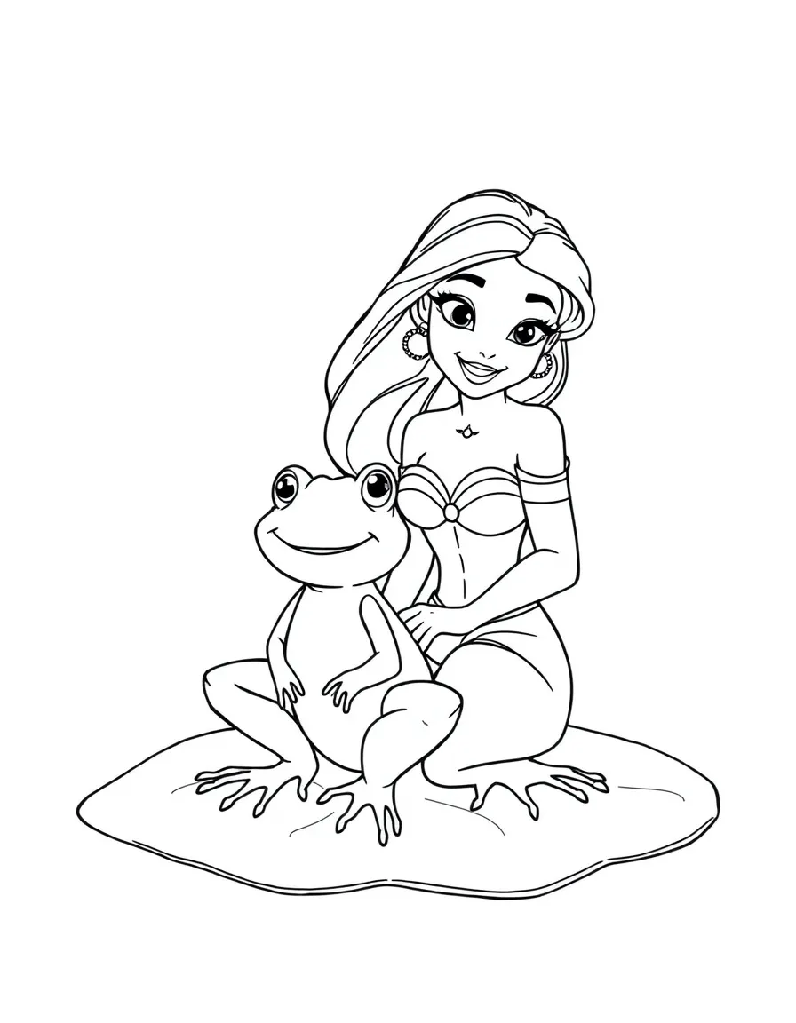 Tiana as a frog, sitting on a lily pad with Prince Naveen as a frog.
