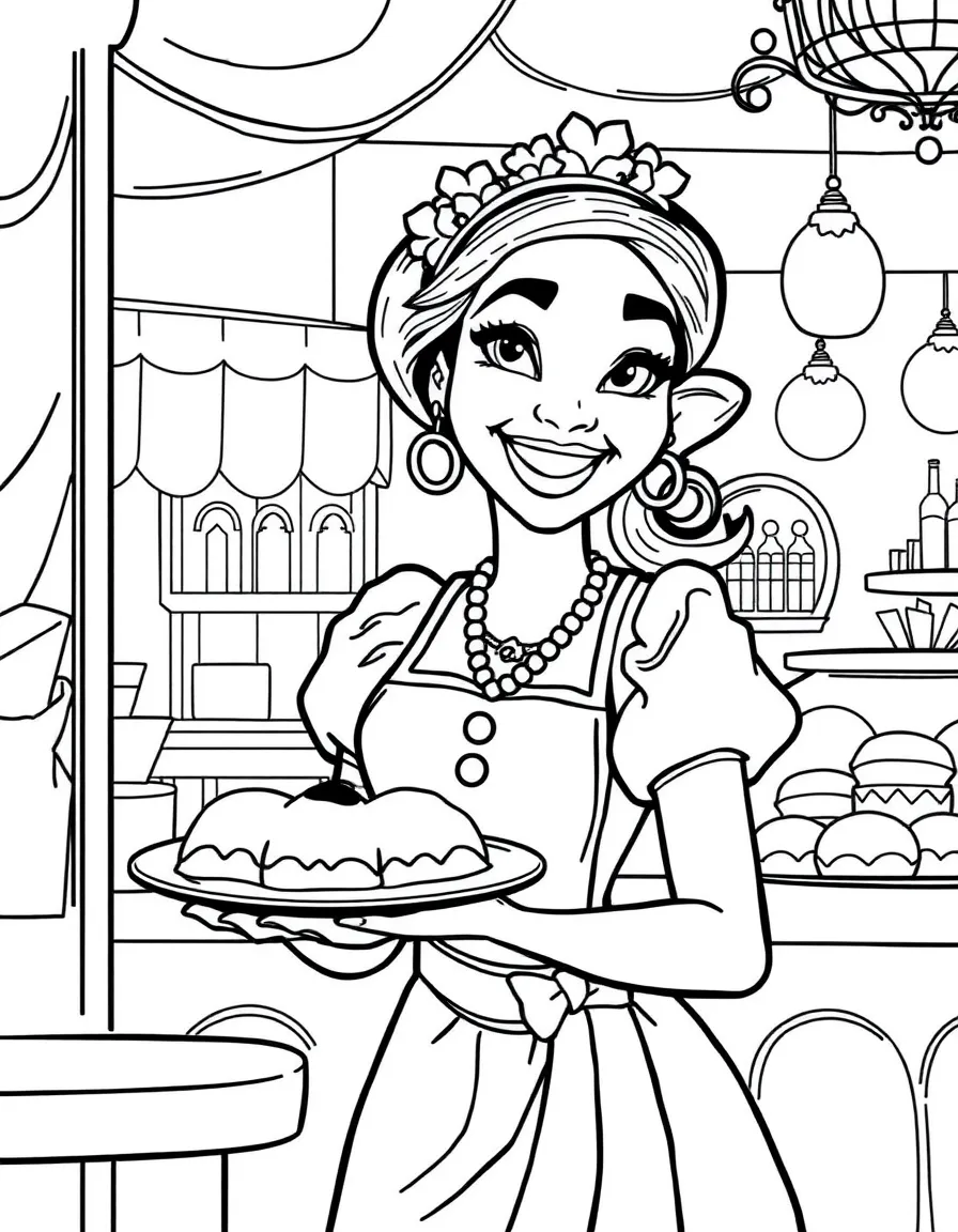 Tiana serving delicious beignets in her restaurant, with a big smile.