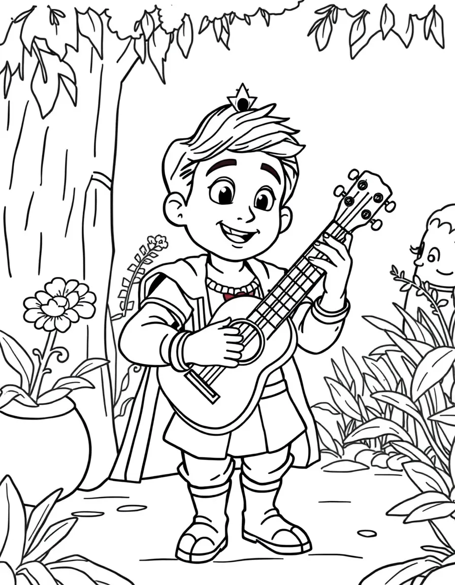 Prince Naveen playing his ukulele and charming everyone.