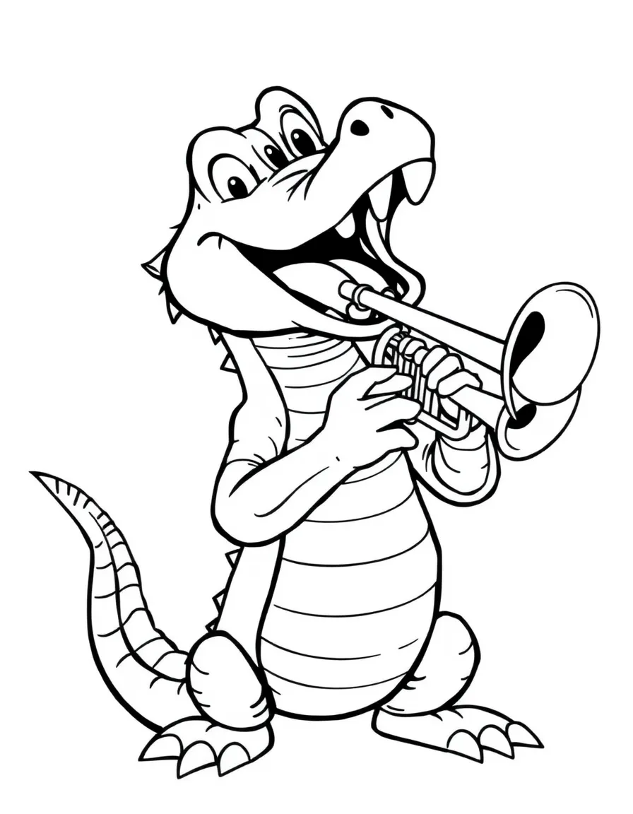 Louis the alligator playing his trumpet with gusto.