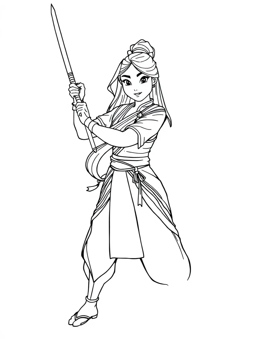 Mulan as a warrior, standing strong with her sword.