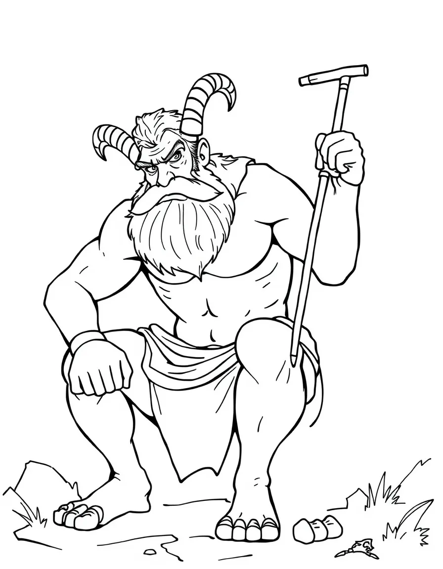 Philoctetes the satyr training Hercules, looking annoyed.