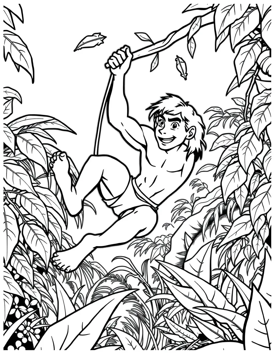 Tarzan swinging through the jungle on a vine, with Jane watching.