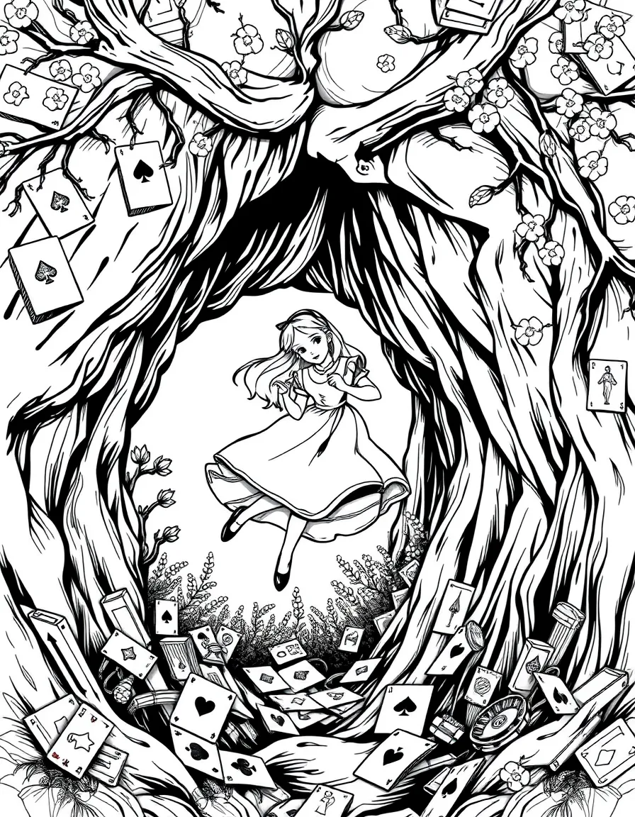 Alice falling down the rabbit hole, surrounded by playing cards.