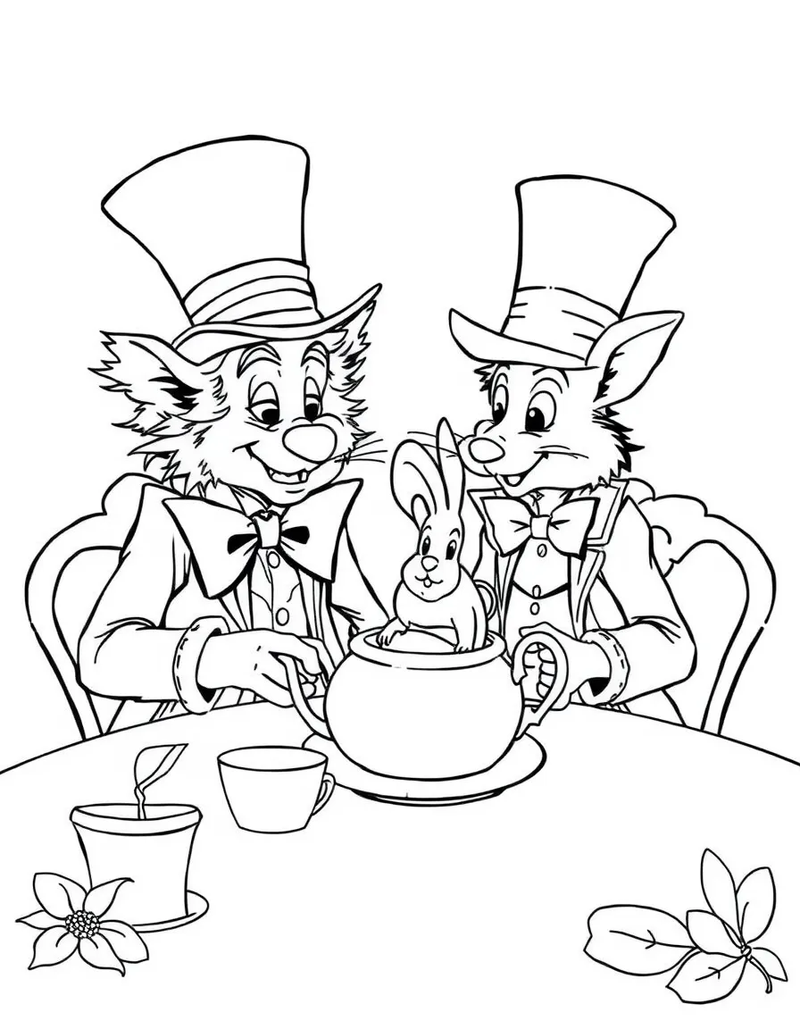 The Mad Hatter and the March Hare having a tea party, with Dormouse in the teapot.