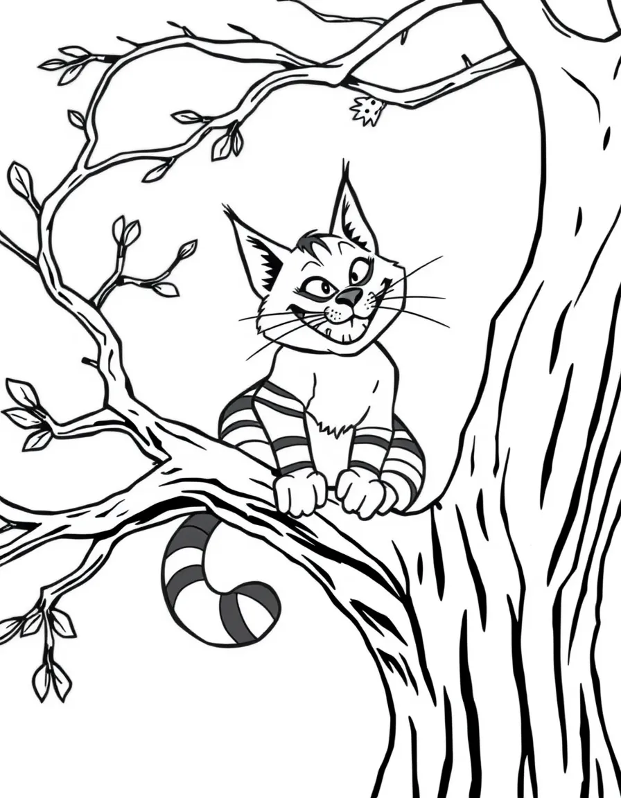 The Cheshire Cat grinning mysteriously from a tree branch.