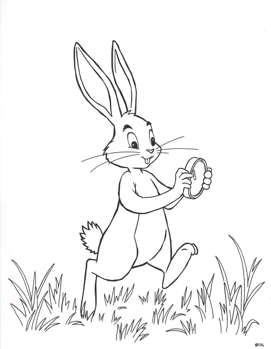 The White Rabbit looking at his watch and rushing.